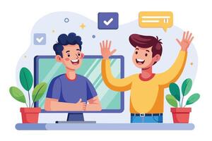Two boys in a call wave to each other. One in a blue shirt on screen, the other in yellow off screen, both smiling widely. vector