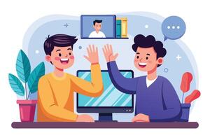 Two men are sitting at a desk, smiling and high-fiving during a call. They are both happy and excited to be working together. vector