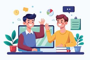 Two men on a call at their desks. One in front of a computer, the other in front of a stack of books. Both smiling, enjoying the conversation. vector
