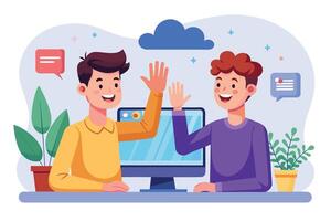 Two men sitting at a desk with a computer, high fiving each other in celebration. vector