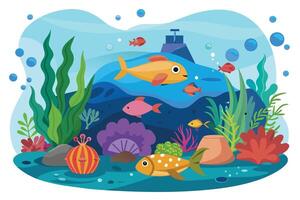 An illustration of colorful fish swimming in a vibrant underwater scene with sea plants, coral reefs, and bubbles. vector