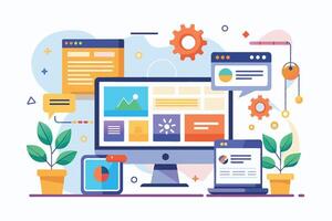 An illustration of a desktop computer displaying a colorful website design with icons. Other devices and elements like a laptop, tablet, and plants are in the background. vector