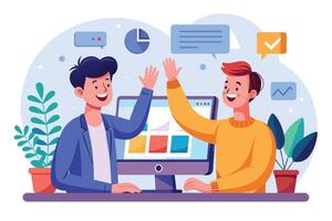 Two young men in casual clothing high five at desk near computer, smiling and celebrating success with check mark and upward trending graph in background. vector