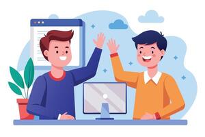 Two cartoon men in casual clothing are sitting at a desk with a computer between them. They are smiling and high-fiving each other. vector