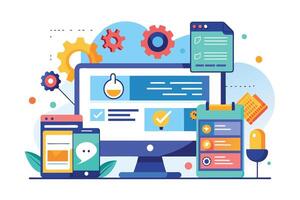 A digital illustration showcasing a desktop computer, smartphone, and gear icons, representing modern technology and its interconnected nature. vector