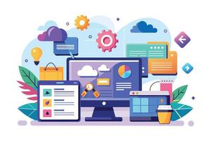 An illustration depicting a modern digital marketing strategy, showcasing web design, analytics, mobile app development, and other key elements. vector