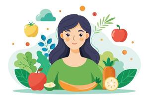 A smiling woman with long dark hair is surrounded by various fresh fruits and vegetables, including an apple, a banana, a carrot, and a lemon, against a background of green leaves. vector