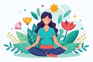 A woman sits in a meditative pose surrounded by colorful flowers and green leaves in a serene garden setting. She is smiling and appears relaxed. vector