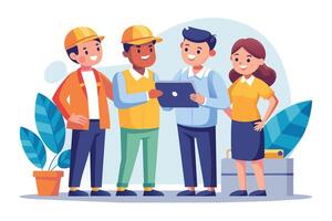 A group of four workers, including two men and two women of different ethnicities, are working together on a digital tablet. They are all smiling and appear to be focused on their task. vector