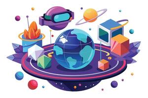 A colorful and imaginative 3D illustration depicting a futuristic Earth surrounded by various objects, including a VR headset, planets, and geometric shapes. vector