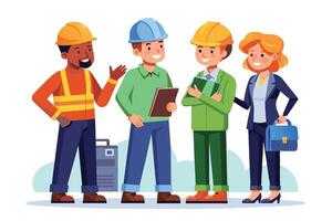 A group of four workers, including a woman in a business suit, stand together in a construction setting, discussing work plans and details. vector