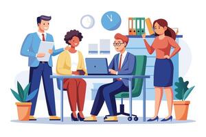 A group of business professionals, two men and two women, participate in a meeting in an office setting during the daytime. vector