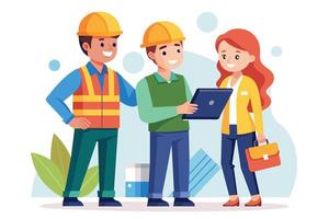 Two construction workers in hard hats and vests discuss project plans on a tablet with a client. vector