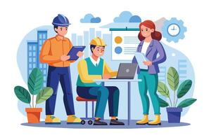 Three construction workers are gathered in an office, reviewing plans and discussing project details. vector