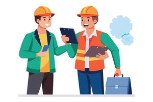 Two construction workers chat about project plans. One holds a smartphone, the other a clipboard and briefcase, both in hard hats with gears in background. vector