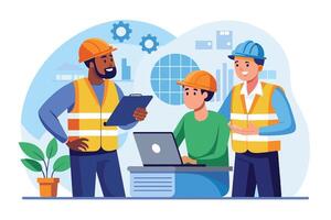 Three construction workers, wearing hard hats and safety vests, are working together in an office. One is holding a clipboard and pointing to the laptop screen, while another is typing. vector