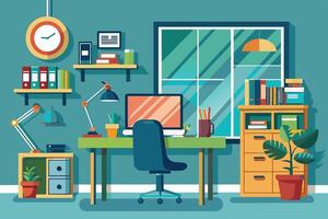 A cartoon illustration of a modern home office workspace with a desk, computer, chair, bookshelf, and window. vector