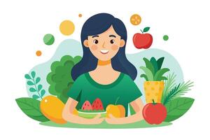 A smiling woman sits at a table surrounded by fresh fruit and vegetables. She is holding a bowl of watermelon and an apple, while a pineapple sits beside her. vector