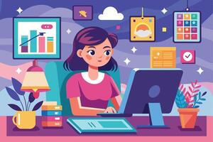 Illustration of a young woman working on a computer at a home office desk, with plants, a lamp, and various decorative items. vector