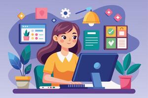 A cartoon illustration of a young woman sitting at a desk with a computer, working. There is a lamp, plants, and a checklist on the wall. vector