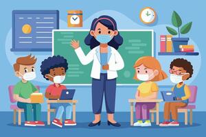 A cartoon illustration depicting a teacher leading a lesson in a classroom with four students. All individuals are wearing face masks. vector