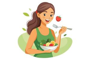 A happy woman with a ponytail is eating a healthy salad. She holds a fork in one hand and a tomato in the other. vector