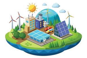 An illustration depicting a modern cityscape with solar panels and wind turbines, showcasing sustainable energy solutions in a bright and sunny setting. vector