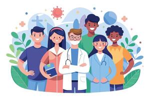 An illustration of a diverse group of people, including a doctor, standing together in front of a green and blue background. The image is meant to represent unity, diversity, and hope. vector