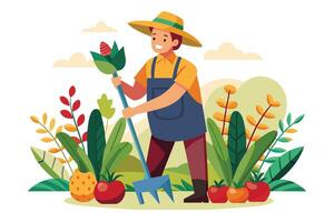 A cartoon illustration of a happy farmer in a straw hat and apron, holding a hand tool and working in his garden. vector