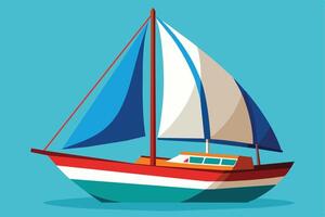 A colorful illustration of a sailboat with blue, white, and red sails against a light blue background. vector