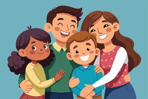 A happy family portrait of two parents and two children smiling and hugging each other. vector