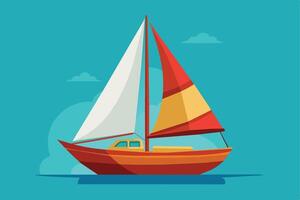 A red and white sailboat with yellow accents is shown sailing on blue water with white clouds in the background. vector