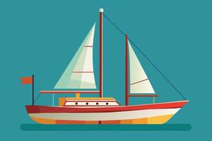 A flat illustration of a red and white sailboat with two sails, a small red flag on its mast, and a turquoise background. vector