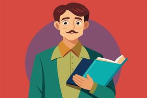 An illustration of a man with a mustache holding two books in front of a red background. vector