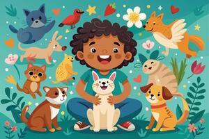 A cheerful young boy with curly brown hair sits with a white cat in his lap, surrounded by a variety of adorable pets and animals in a colorful spring garden. vector