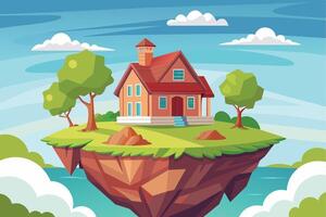An illustration of a cartoon house with a red roof and chimney situated on a floating rock island surrounded by clouds and blue water. vector
