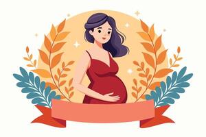 A cartoon illustration of a pregnant woman in a red dress standing in front of a yellow circle with a floral wreath and a ribbon. vector
