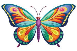 A brightly colored butterfly with intricate wing patterns, featuring shades of blue, green, yellow, orange, and red. The butterfly is depicted against a white background. vector