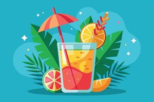 An animated picture showing a citrus cocktail with a tropical leaf and umbrella. Perfect for summer with a blue and green background. vector