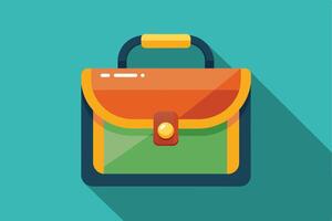 A flat design illustration of a briefcase with a yellow handle, green body, and orange top flap. The briefcase casts a long shadow on a teal background. vector