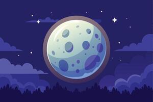 A bright full moon illuminates the night sky, its light casting a soft glow over a dark forest, with visible craters and twinkling stars. vector