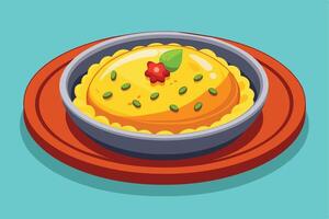 This is a cartoon illustration of a savory dish in a pan on a plate. The dish is round, yellow, and topped with green seeds and a red flower. The pan is gray and the plate is orange. vector