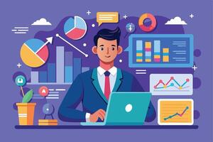 An illustration of a businessman working on a laptop surrounded by charts and graphs, suggesting data analysis and business insights. vector