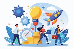 An illustration depicting a business team working together towards success, with a lightbulb, rocket, clock, and gears representing innovation, growth, time management, and teamwork. vector