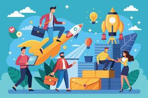 An illustration of businesspeople collaborating on a new startup launch, one person is riding a rocket while others support the launch. vector