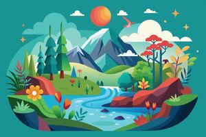 An illustration depicting a lush landscape with a winding river flowing through a valley surrounded by trees and a majestic mountain in the background. vector