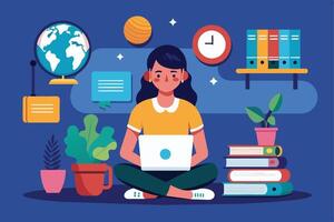 Illustration of a woman working on a laptop while sitting cross-legged on the floor in a home office. The space features a globe, plants, books, and a clock. vector