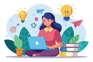 A woman sitting on the floor with her legs crossed, typing on a laptop surrounded by lightbulbs, gears, paper airplanes, and a stack of books. vector