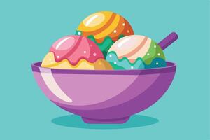 A cartoon illustration of three colorful ice cream scoops in a purple bowl, against a light blue background. vector