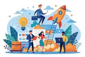 Four determined individuals are launching a startup with a rocket. Symbols of success like a light bulb, ladder, and briefcase surround them. vector